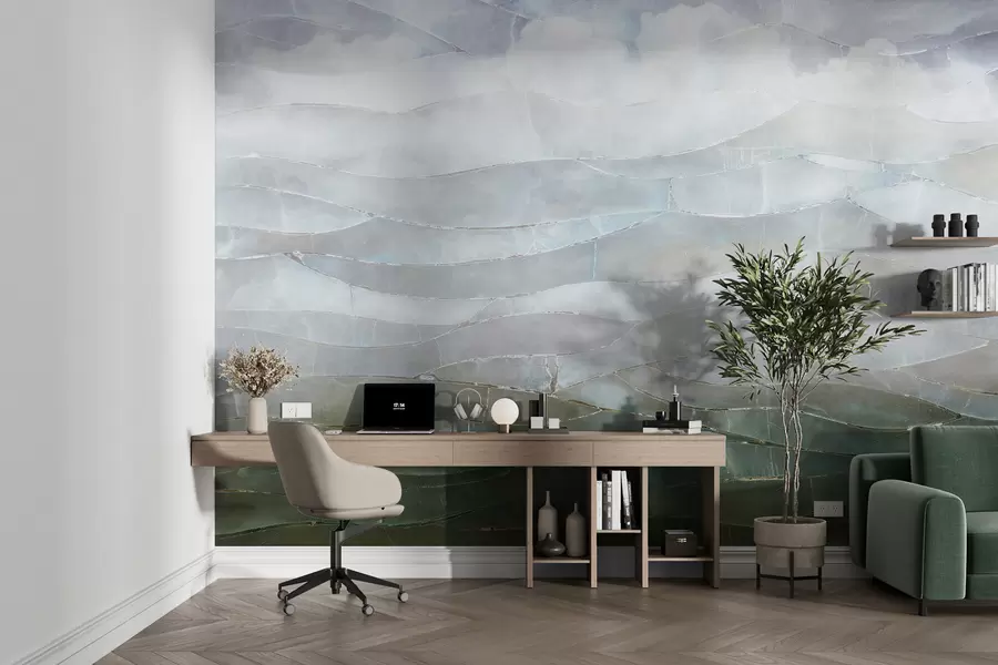 wall murals Textured misty, hilly abstract gradient landscape with rolling green fields through the fog w00795