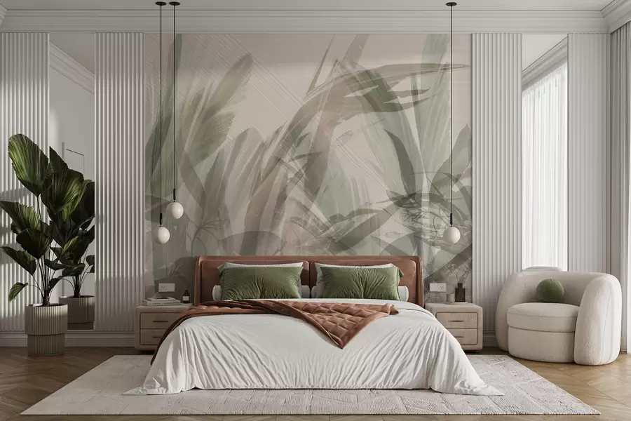 wall murals Abstract multicomposition of blurred grass-like tropic leaves shapes in shades of light green and gray w00798
