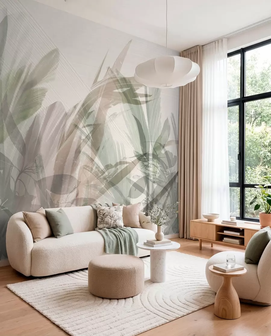 wall murals Abstract multicomposition of blurred grass-like tropic leaves shapes in shades of light green and gray w00798