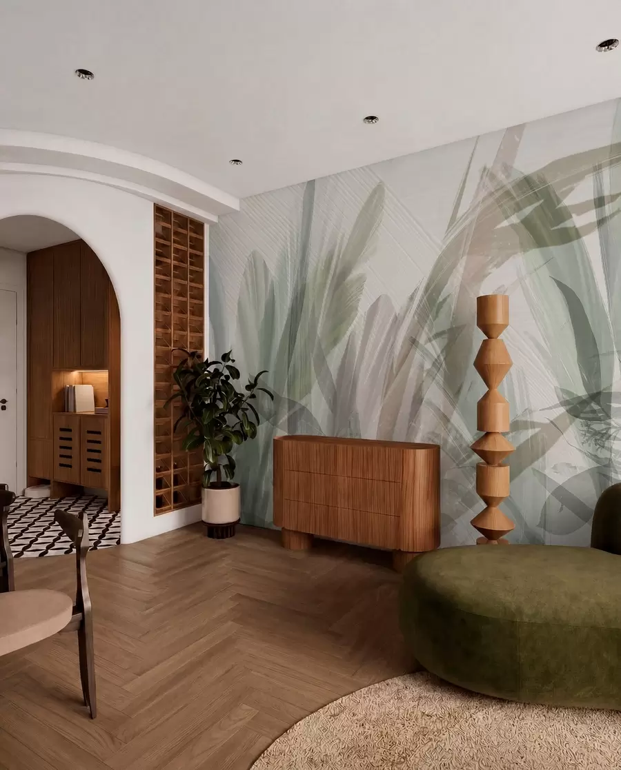 wall murals Abstract multicomposition of blurred grass-like tropic leaves shapes in shades of light green and gray w00798