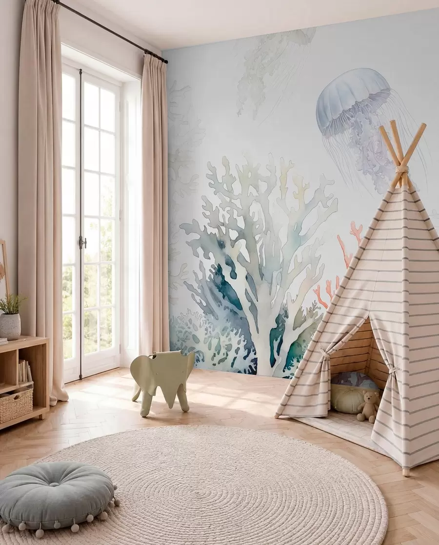 wall murals Sea corals, jellyfish swim, watercolor, grey, blue, red w00819