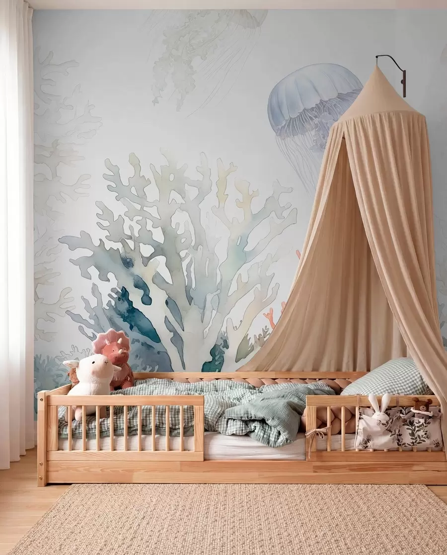 wall murals Sea corals, jellyfish swim, watercolor, grey, blue, red w00819