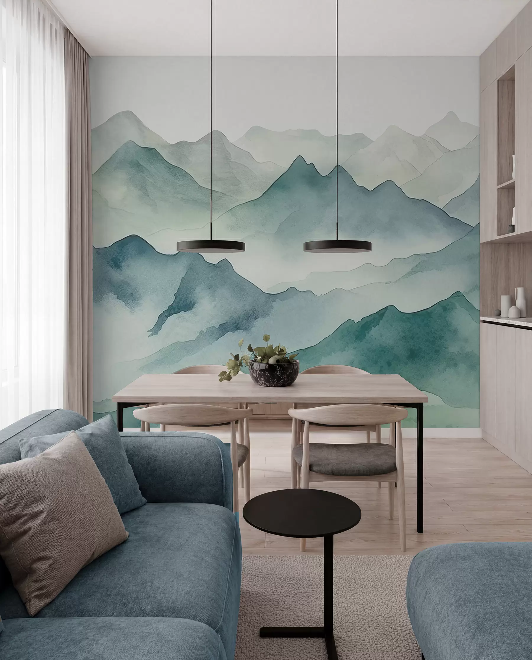 wall murals Mountain peaks and passes, watercolor, landscape, landscape, blue, gray color w00841