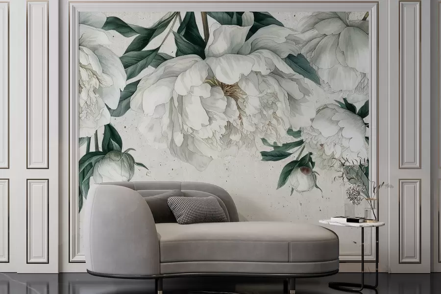 wall murals White large peonies with green leaves on a light textured background w00837