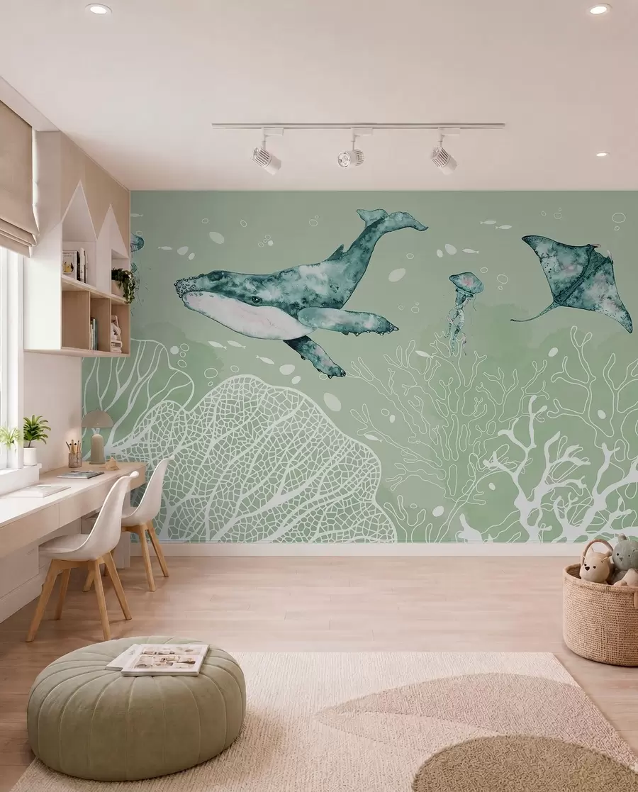 wall murals Whale in the sea, watercolor, corals, jellyfish, marine life, green colors w00848v3