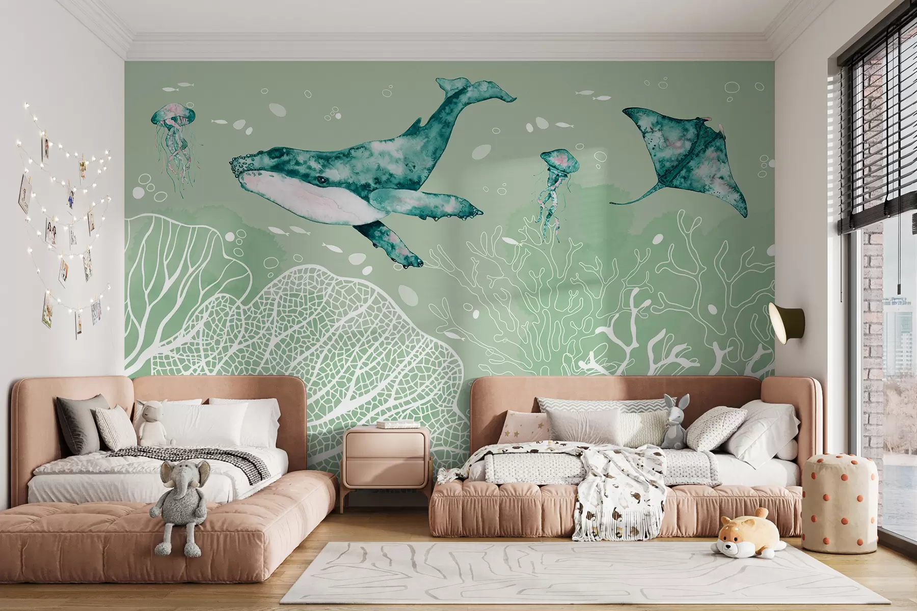 wall murals Whale in the sea, watercolor, corals, jellyfish, marine life, green colors w00848v3