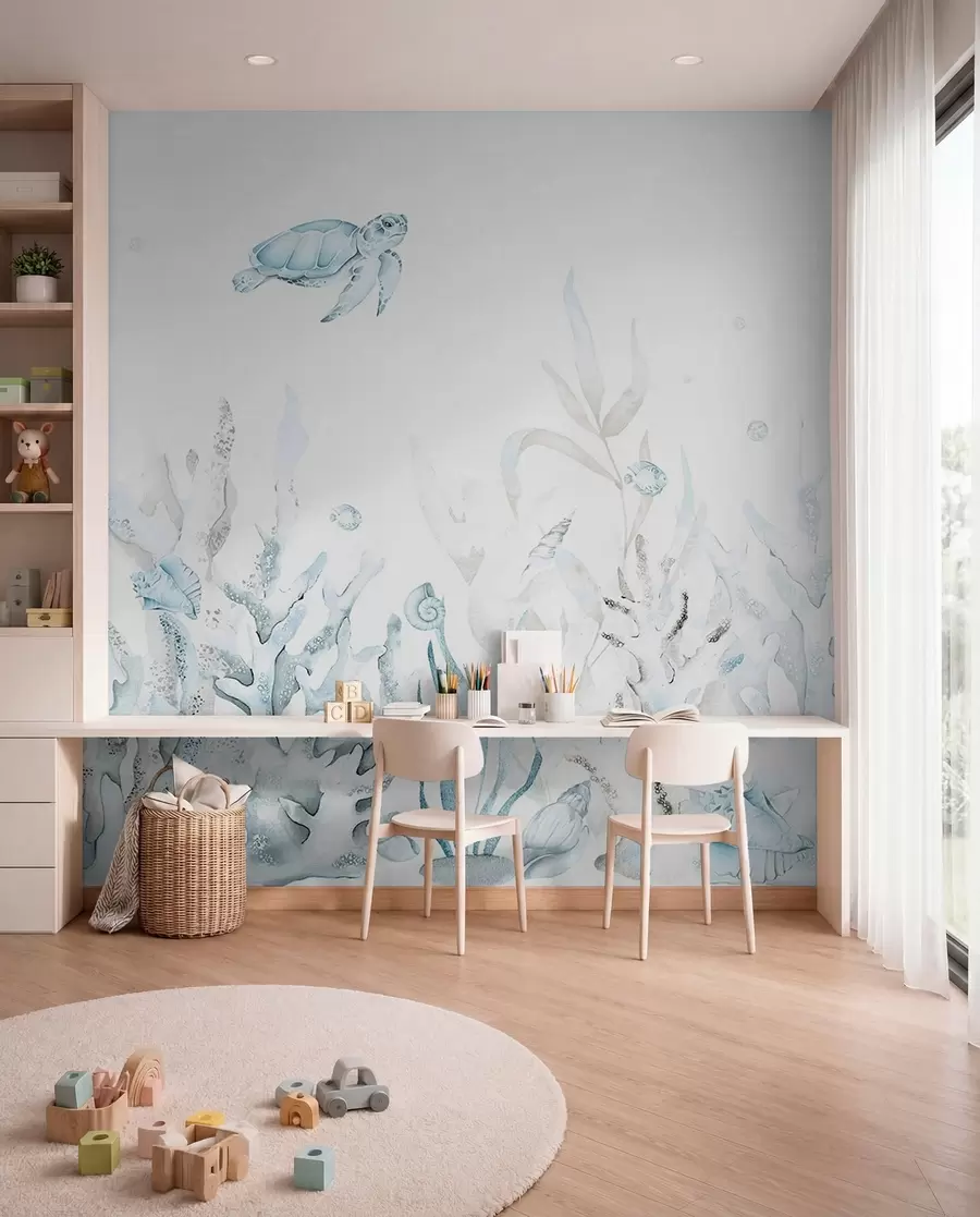 wall murals Watercolor sea corals, seashells, turtle, marine life, soft blue colors w00849