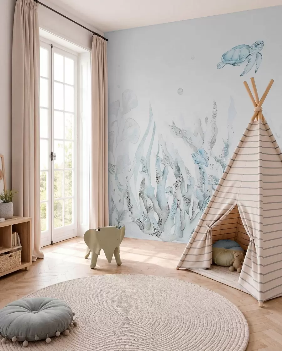 wall murals Watercolor sea corals, seashells, turtle, marine life, soft blue colors w00849