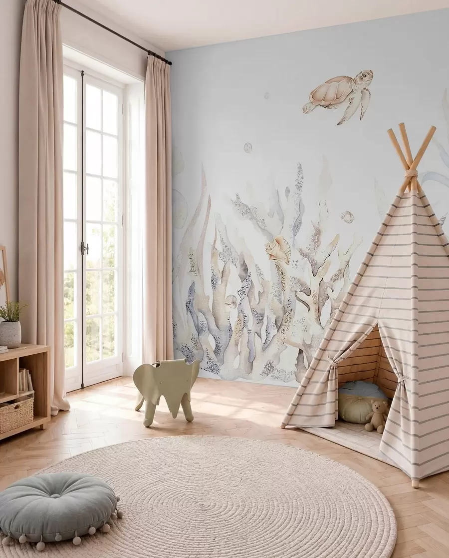 wall murals Watercolor sea corals, seashells, turtle, marine life, soft beige colors w00849v1