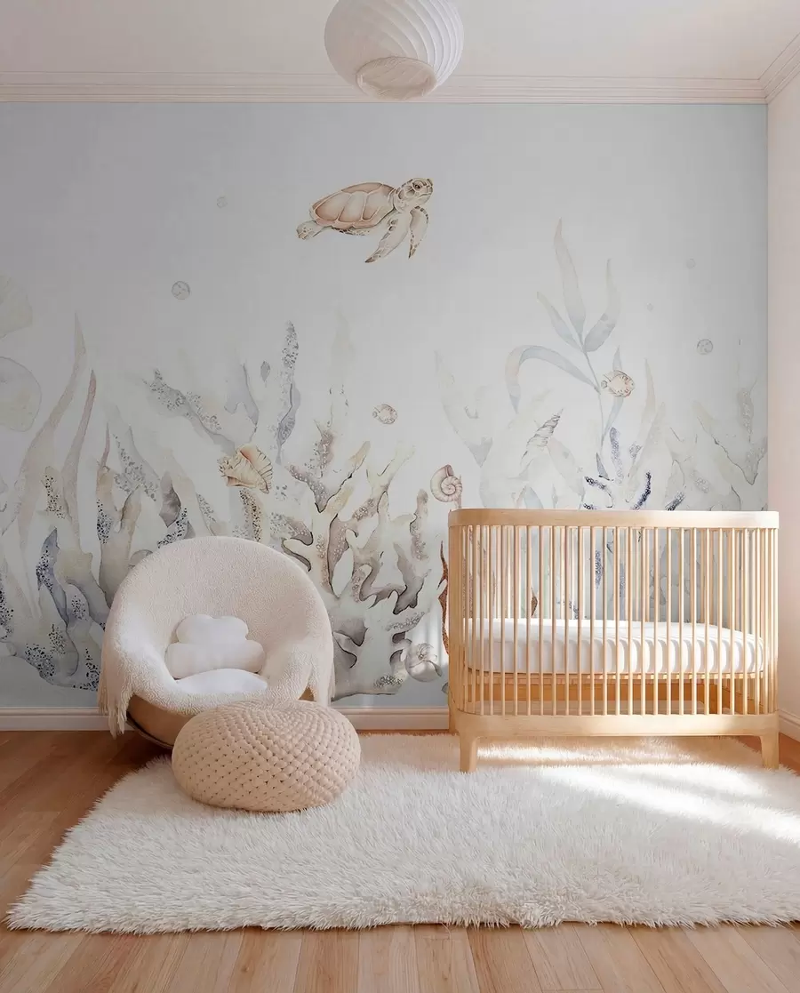 wall murals Watercolor sea corals, seashells, turtle, marine life, soft beige colors w00849v1