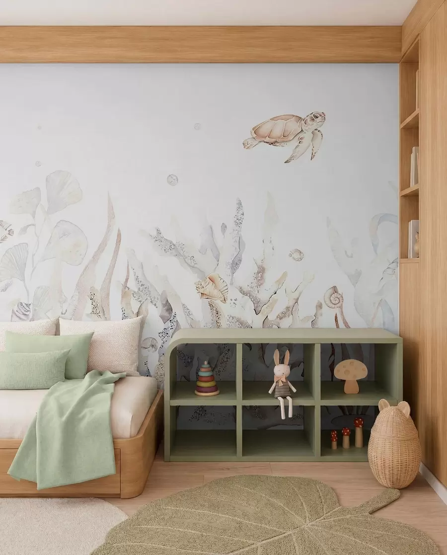 wall murals Watercolor sea corals, seashells, turtle, marine life, soft beige colors w00849v1