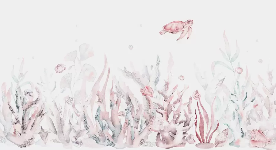 wall murals Watercolor sea corals, seashells, turtle, marine life, soft pink colors w00849v2