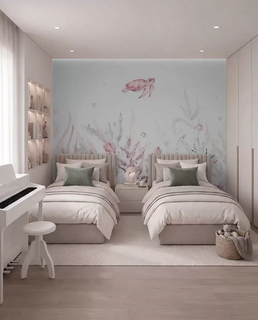 wall murals Watercolor sea corals, seashells, turtle, marine life, soft pink colors w00849v2