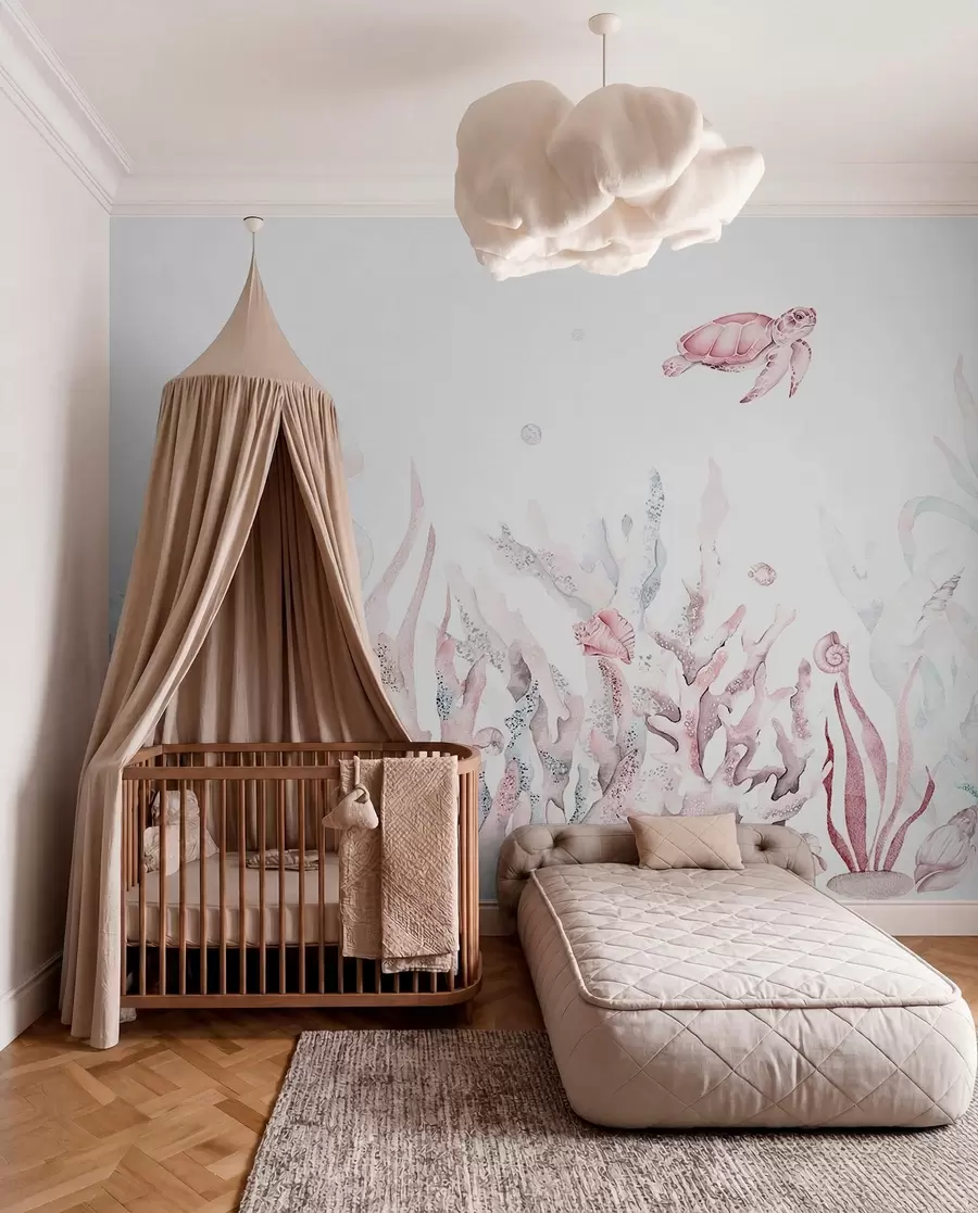 wall murals Watercolor sea corals, seashells, turtle, marine life, soft pink colors w00849v2