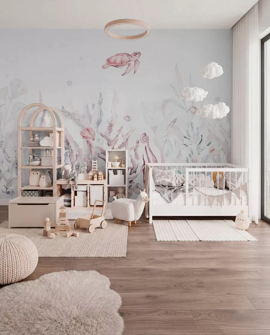 wall murals Watercolor sea corals, seashells, turtle, marine life, soft pink colors w00849v2