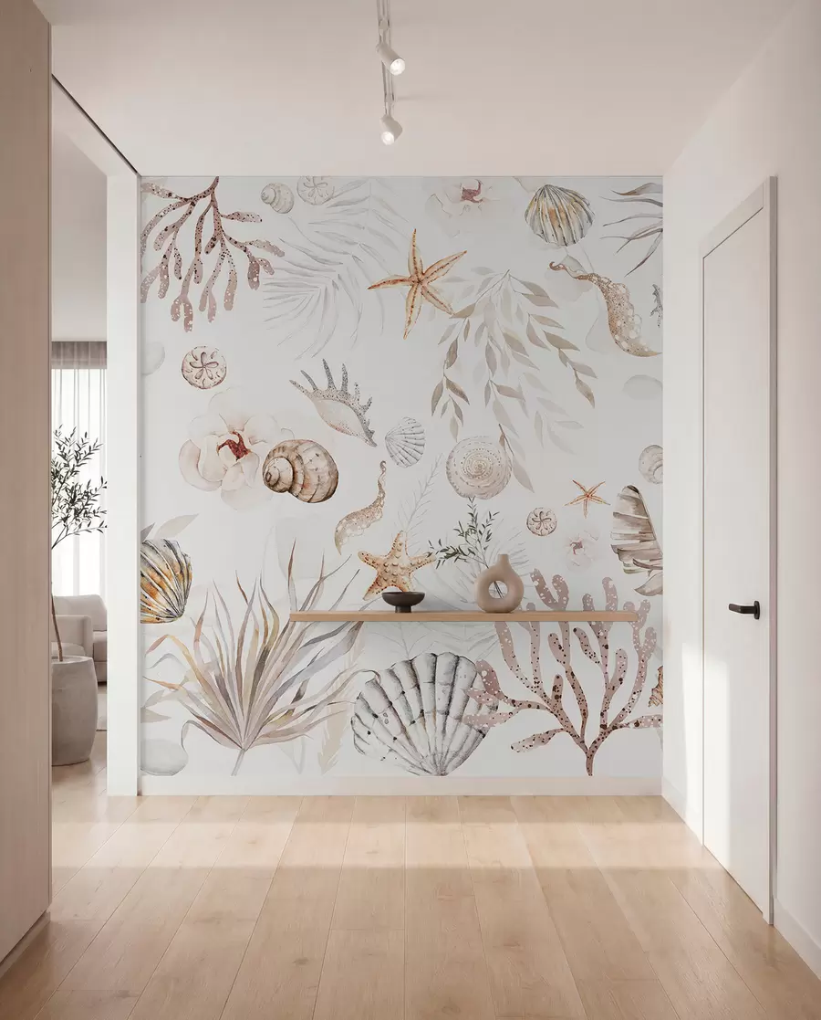 wall murals Watercolor marine pattern, boho style, seashells, corals, cotton, beige colors w00851