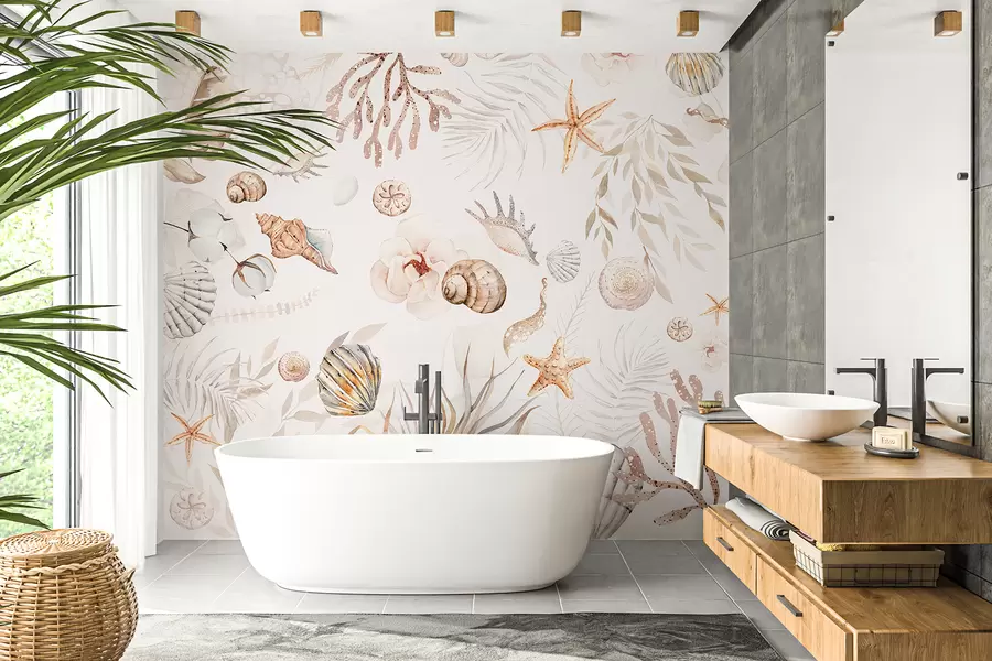 wall murals Watercolor marine pattern, boho style, seashells, corals, cotton, beige colors w00851