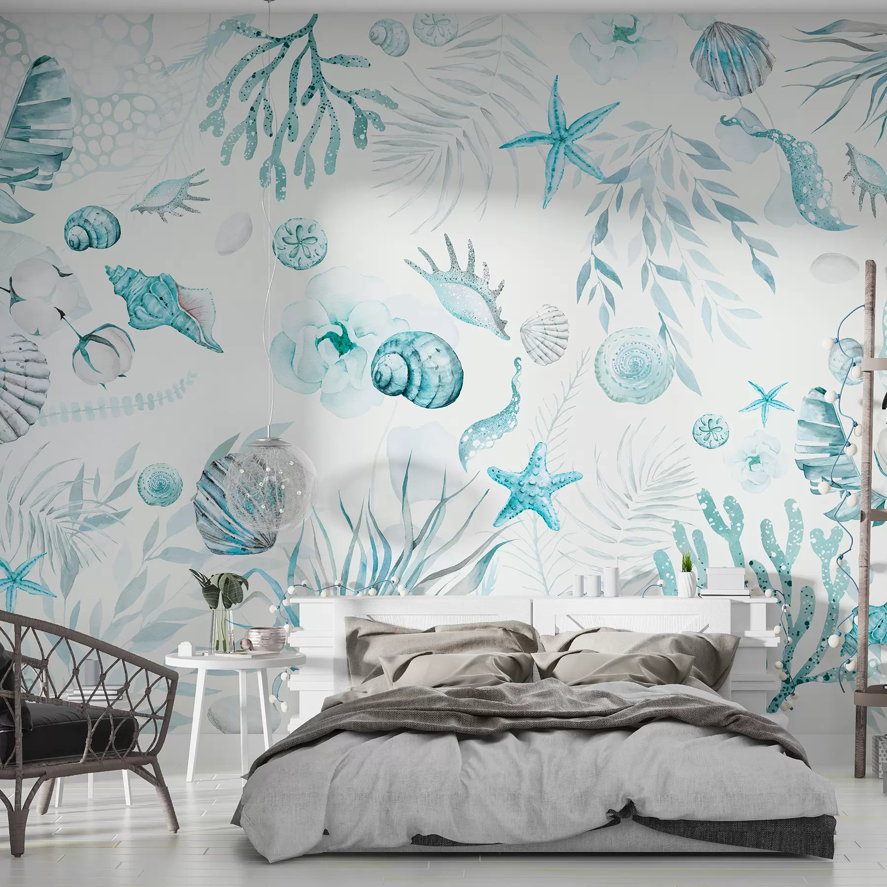 wall murals Watercolor marine pattern, boho style, seashells, corals, cotton, blue colors w00851v1