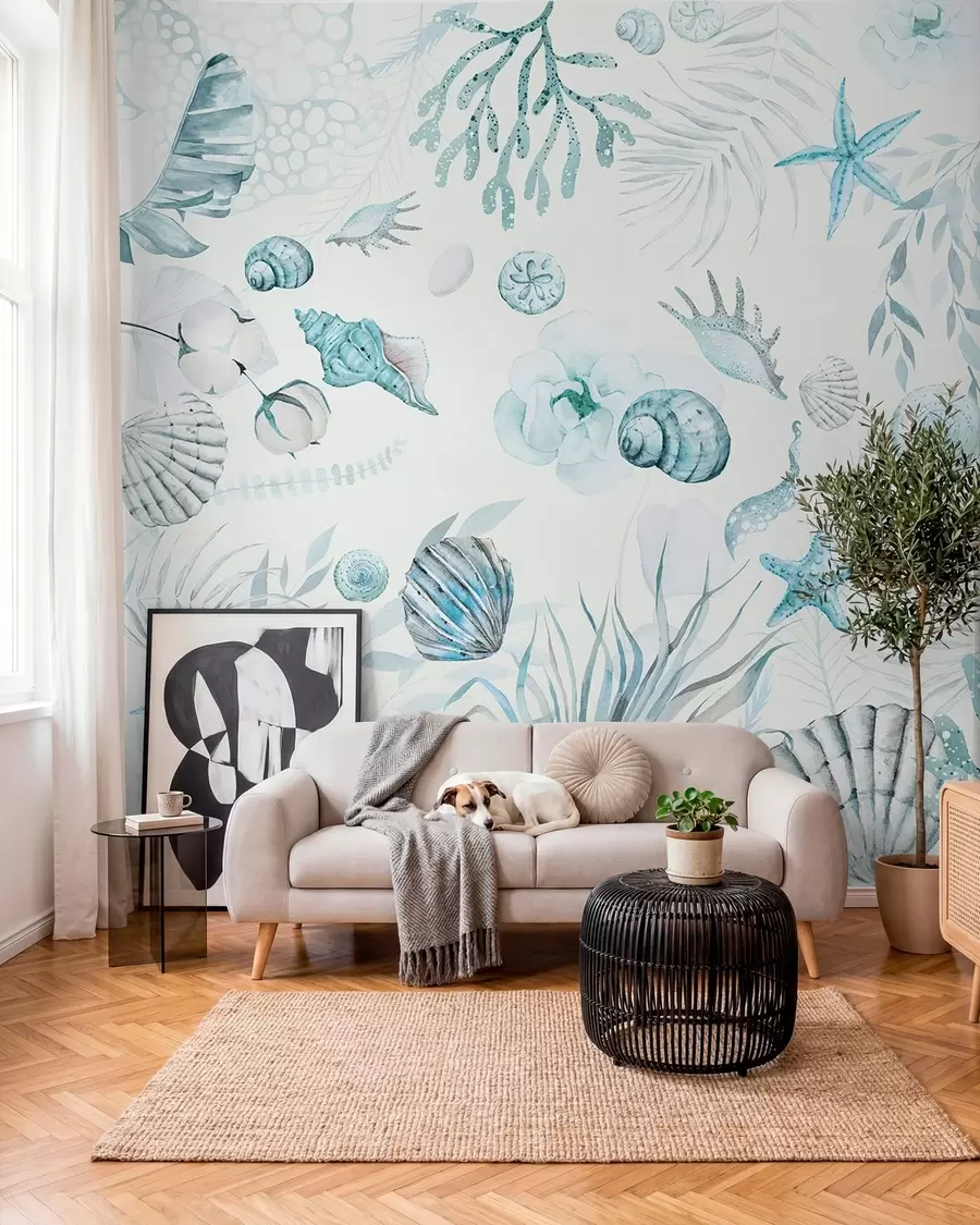wall murals Watercolor marine pattern, boho style, seashells, corals, cotton, blue colors w00851v1