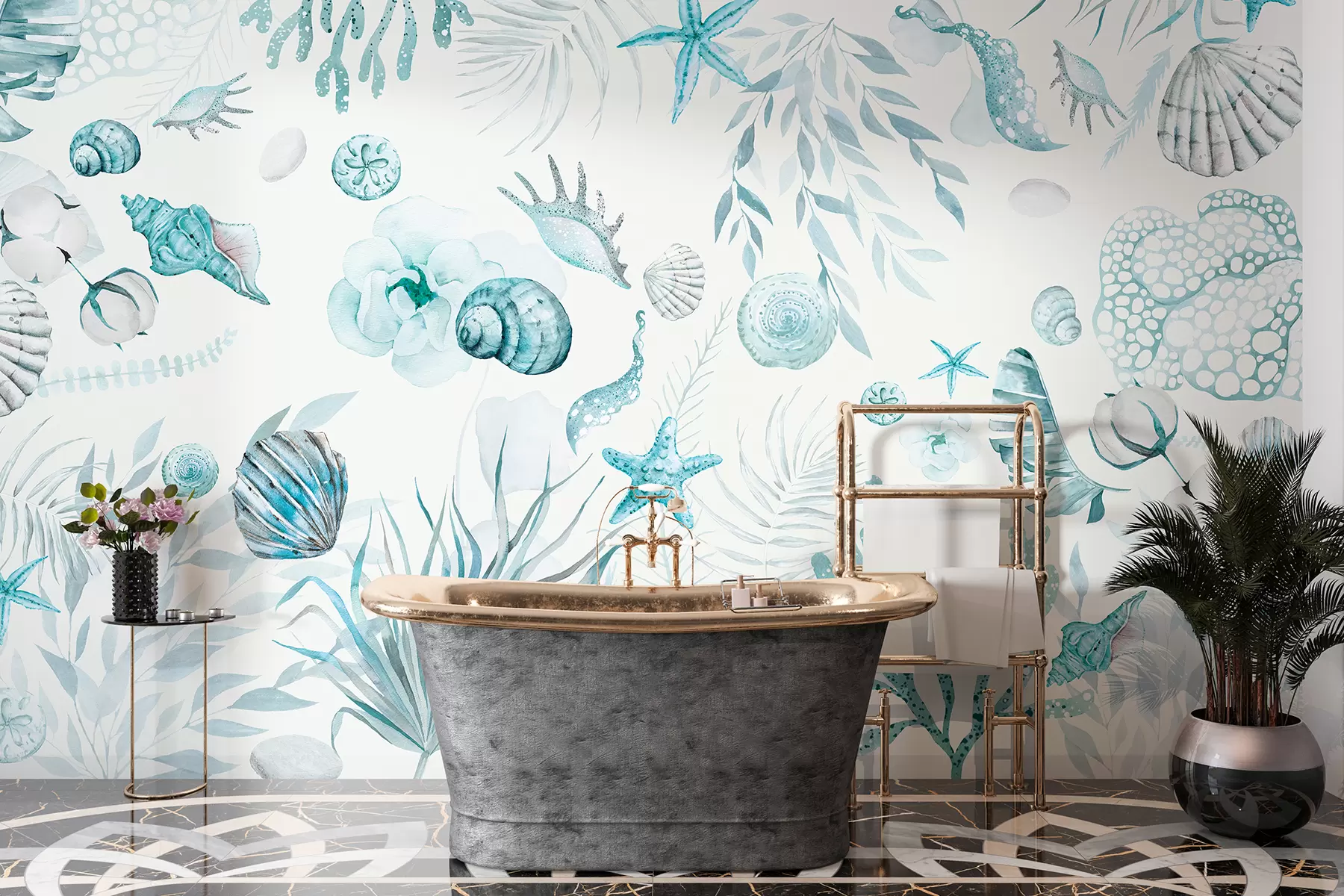 wall murals Watercolor marine pattern, boho style, seashells, corals, cotton, blue colors w00851v1