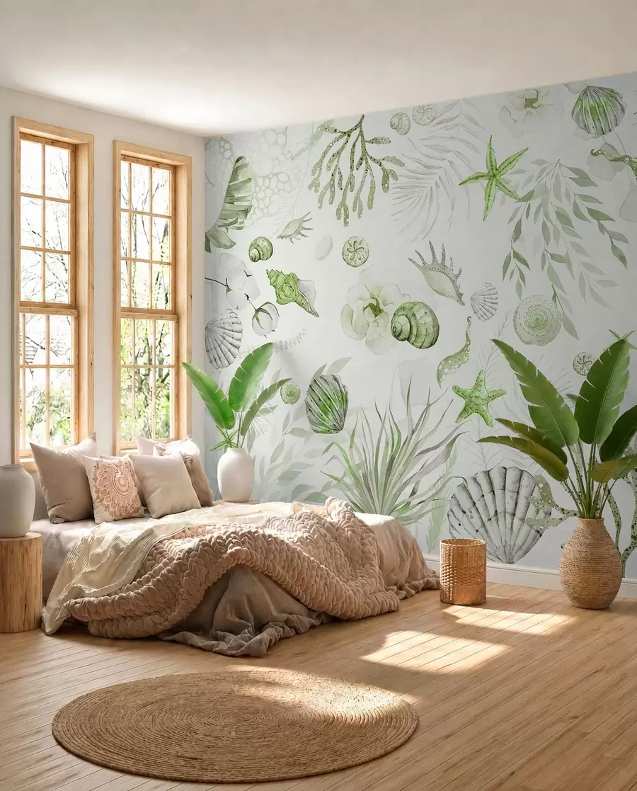 wall murals Watercolor marine pattern, boho style, seashells, corals, cotton, green colors w00851v2