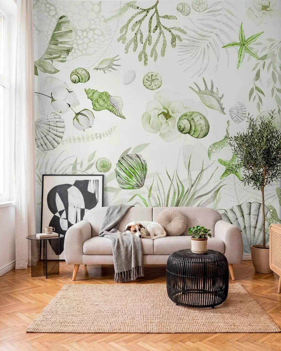 wall murals Watercolor marine pattern, boho style, seashells, corals, cotton, green colors w00851v2