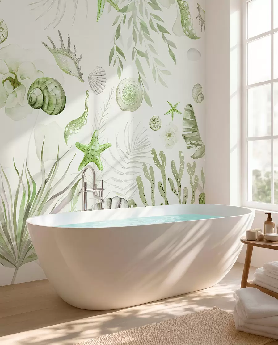 wall murals Watercolor marine pattern, boho style, seashells, corals, cotton, green colors w00851v2