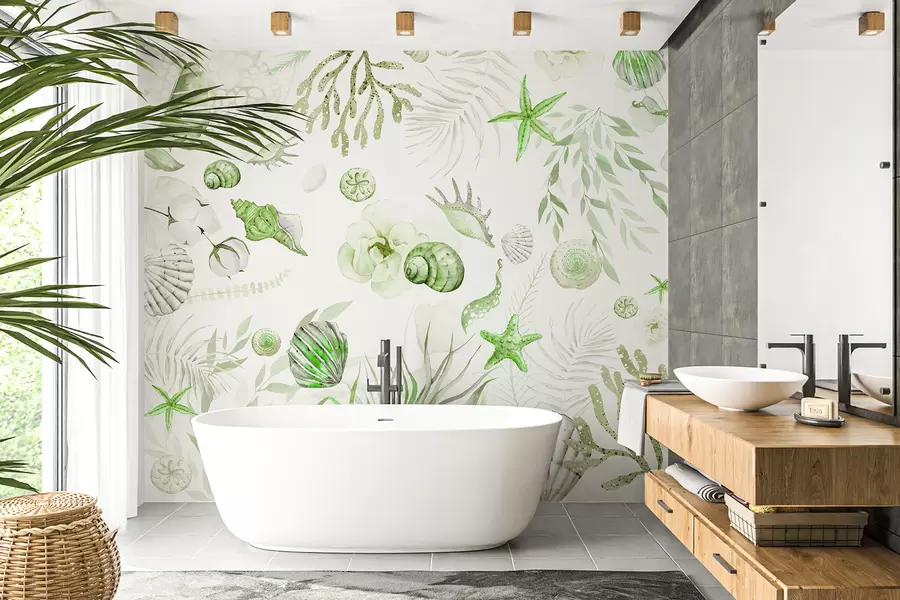 wall murals Watercolor marine pattern, boho style, seashells, corals, cotton, green colors w00851v2