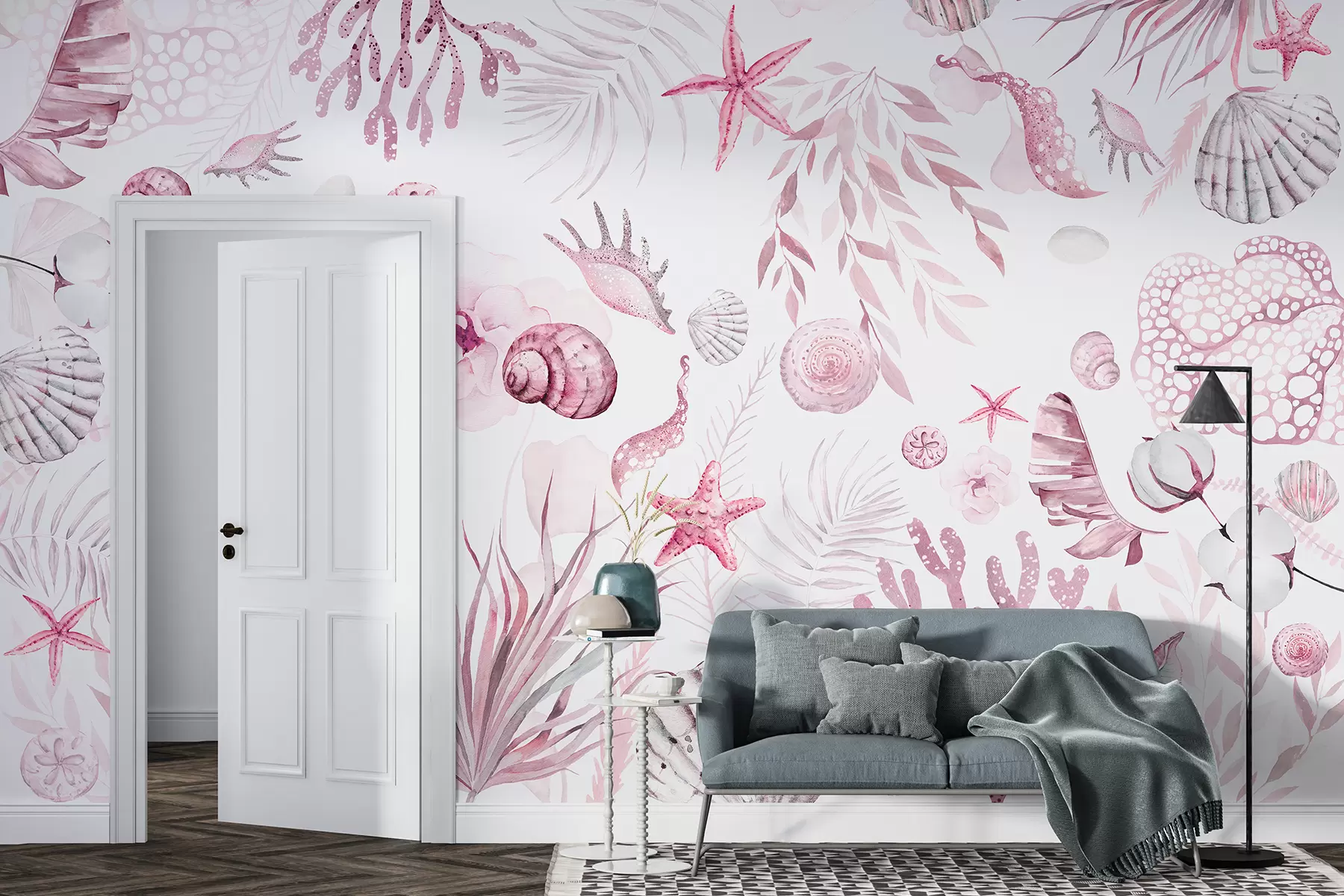 wall murals Watercolor marine pattern, boho style, seashells, corals, cotton, pink colors w00851v3