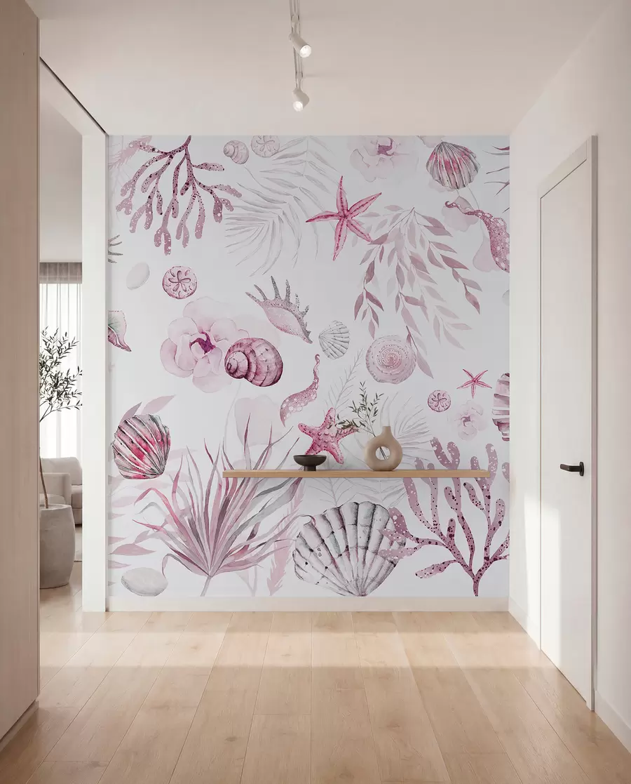 wall murals Watercolor marine pattern, boho style, seashells, corals, cotton, pink colors w00851v3