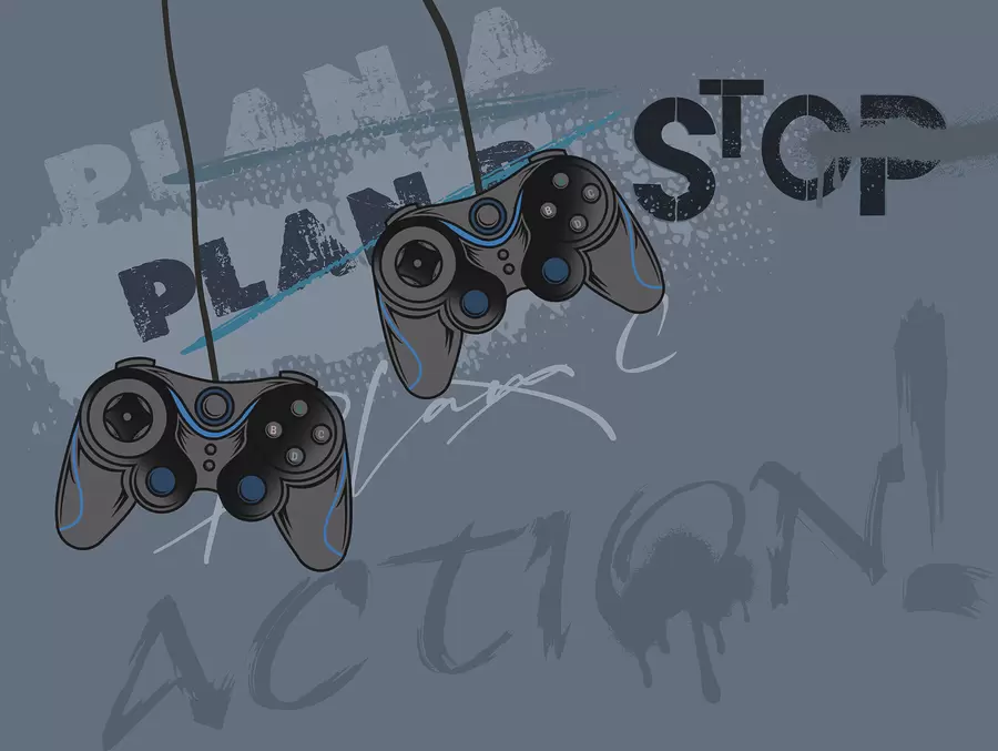 wall murals Kids wallpaper for teenager with joysticks and graphic lettering in blue w00829