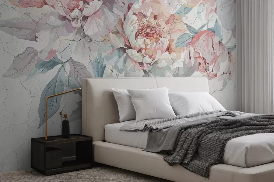 wall murals A bouquet of large, soft pastel pink and white peony flowers with green leaves against a light background w00896