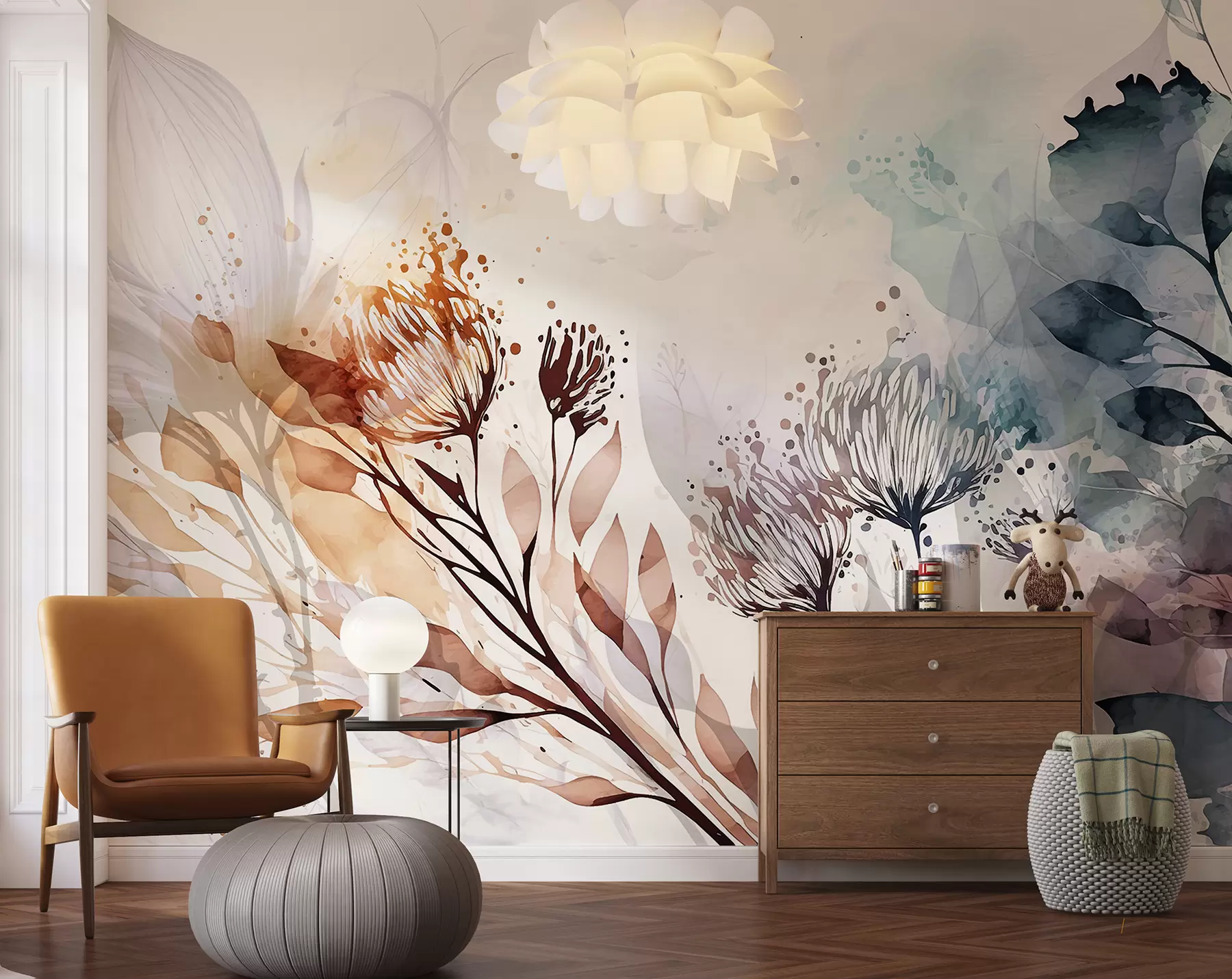 wall murals Delicate floral abstract, stylized flowers and plant forms elements in muted, earthy tones watercolor art w00898