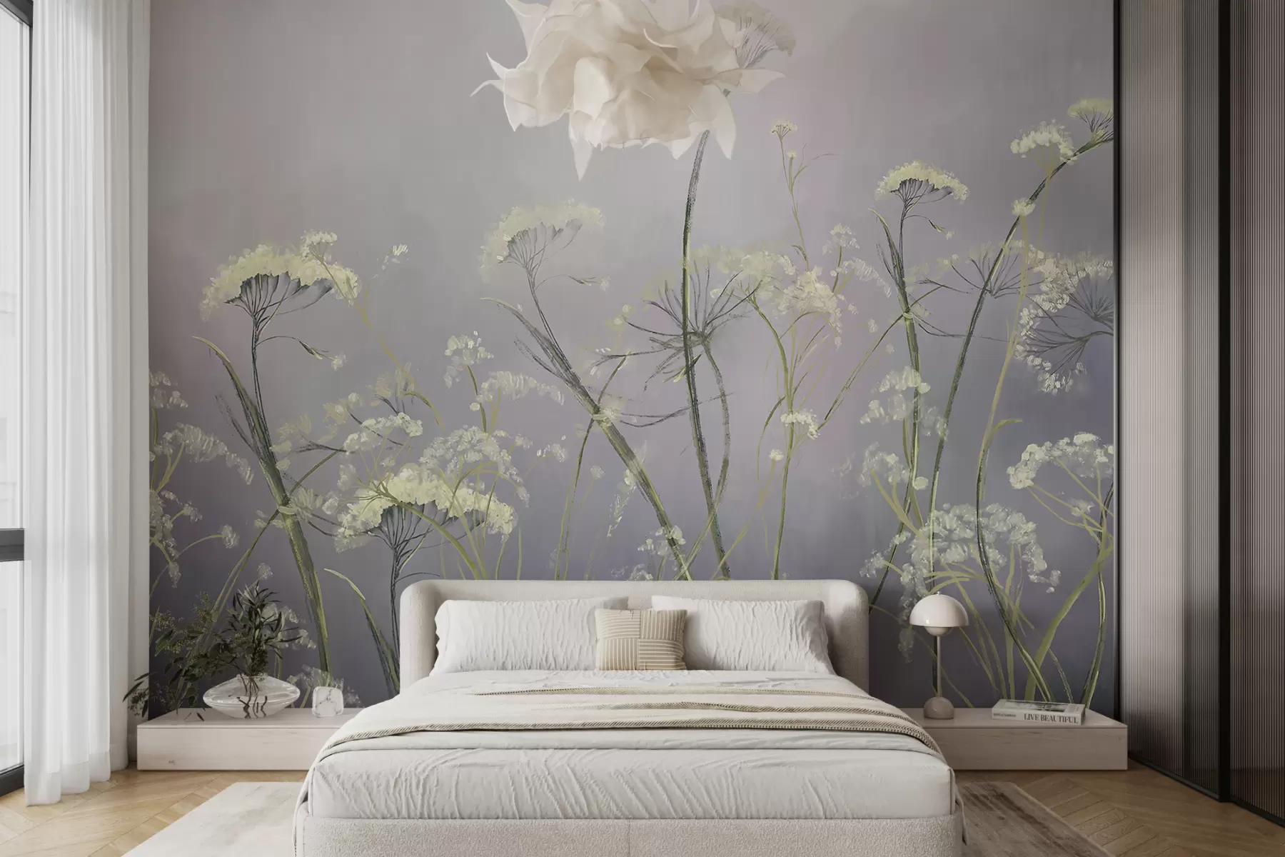 wall murals White wildflowers in a misty field with soft, blurred gray background w00903