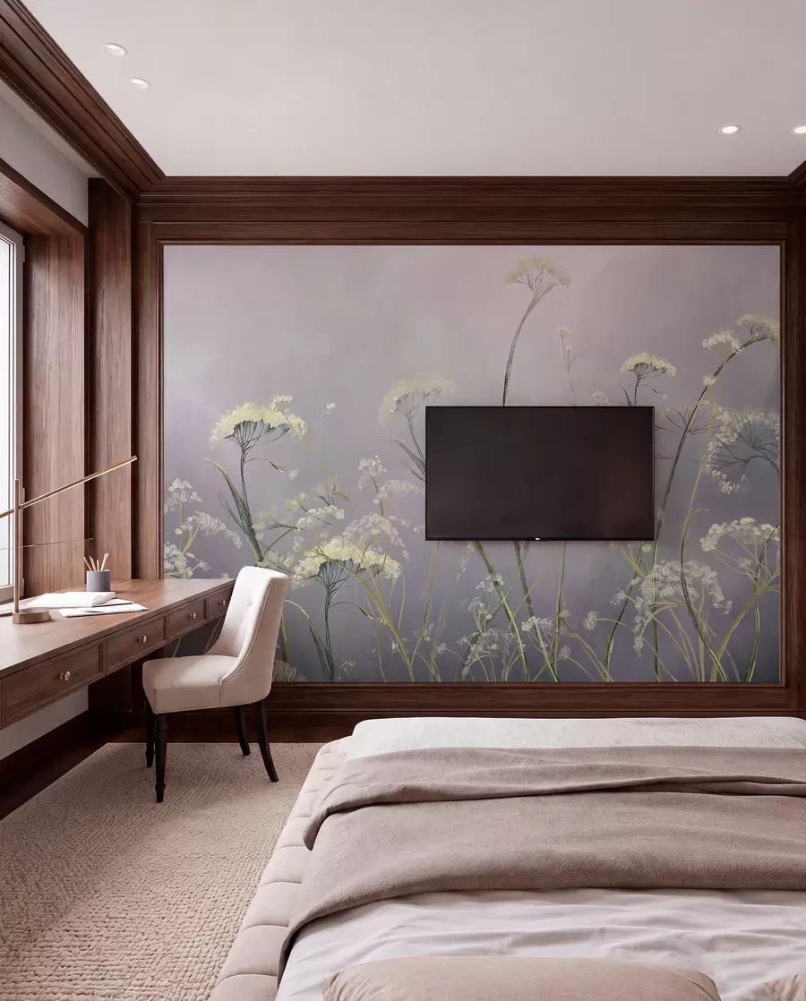 wall murals White wildflowers in a misty field with soft, blurred gray background w00903