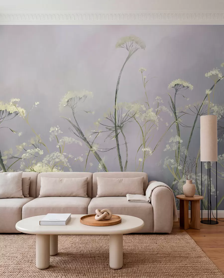 wall murals White wildflowers in a misty field with soft, blurred gray background w00903
