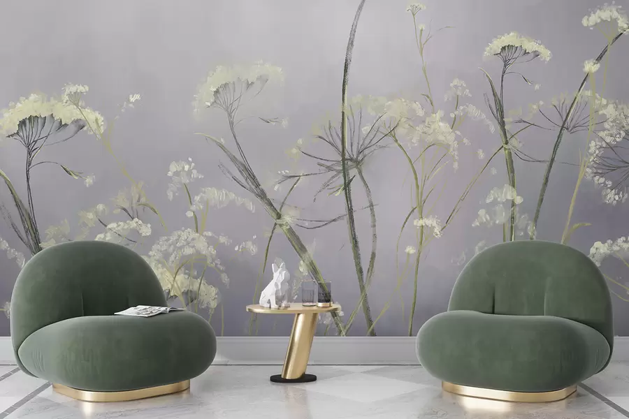 wall murals White wildflowers in a misty field with soft, blurred gray background w00903