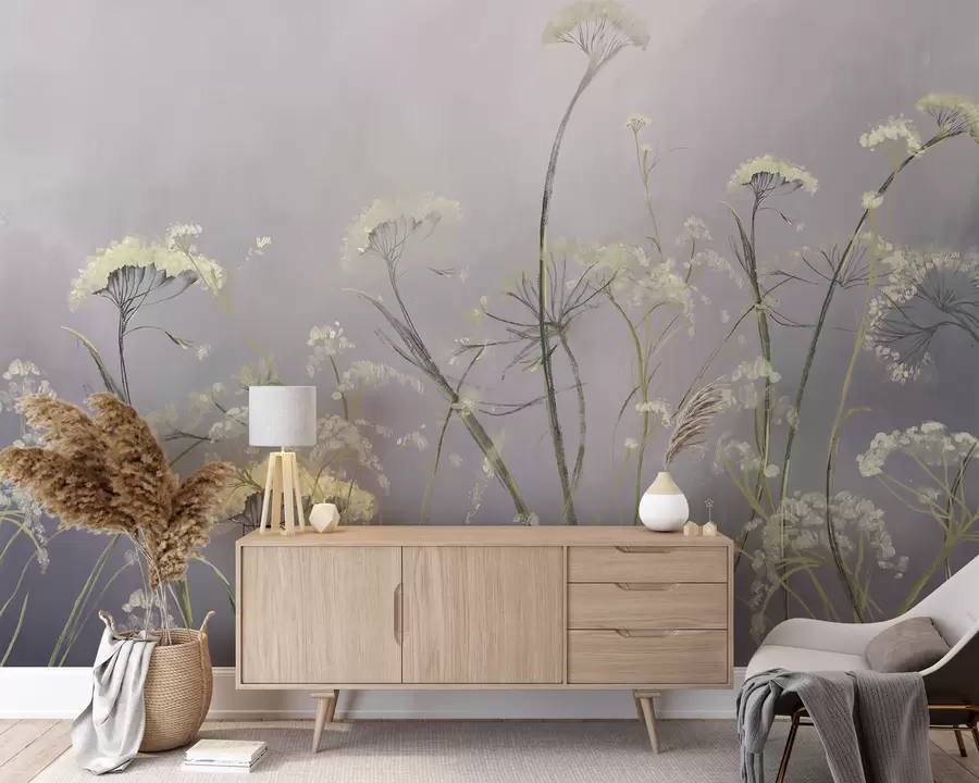 wall murals White wildflowers in a misty field with soft, blurred gray background w00903