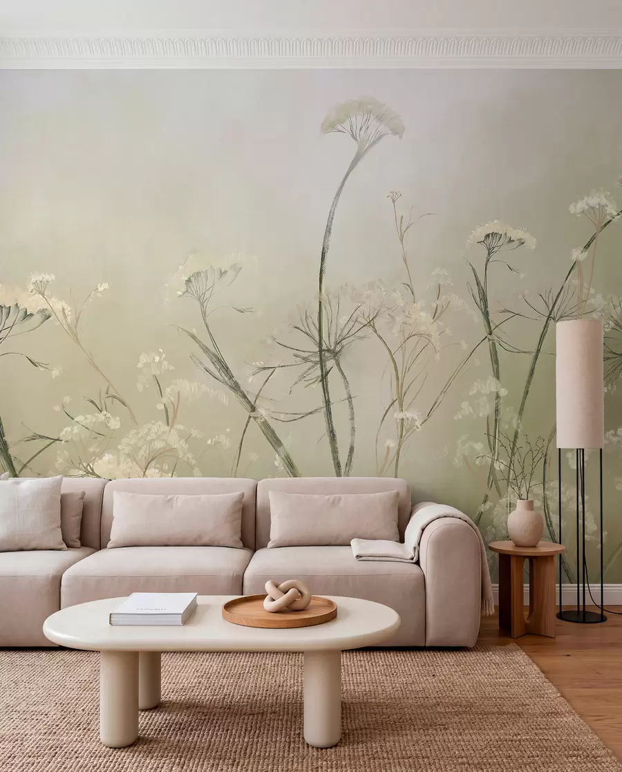wall murals White wildflowers in a misty field with soft, blurred sepia background w00903v1
