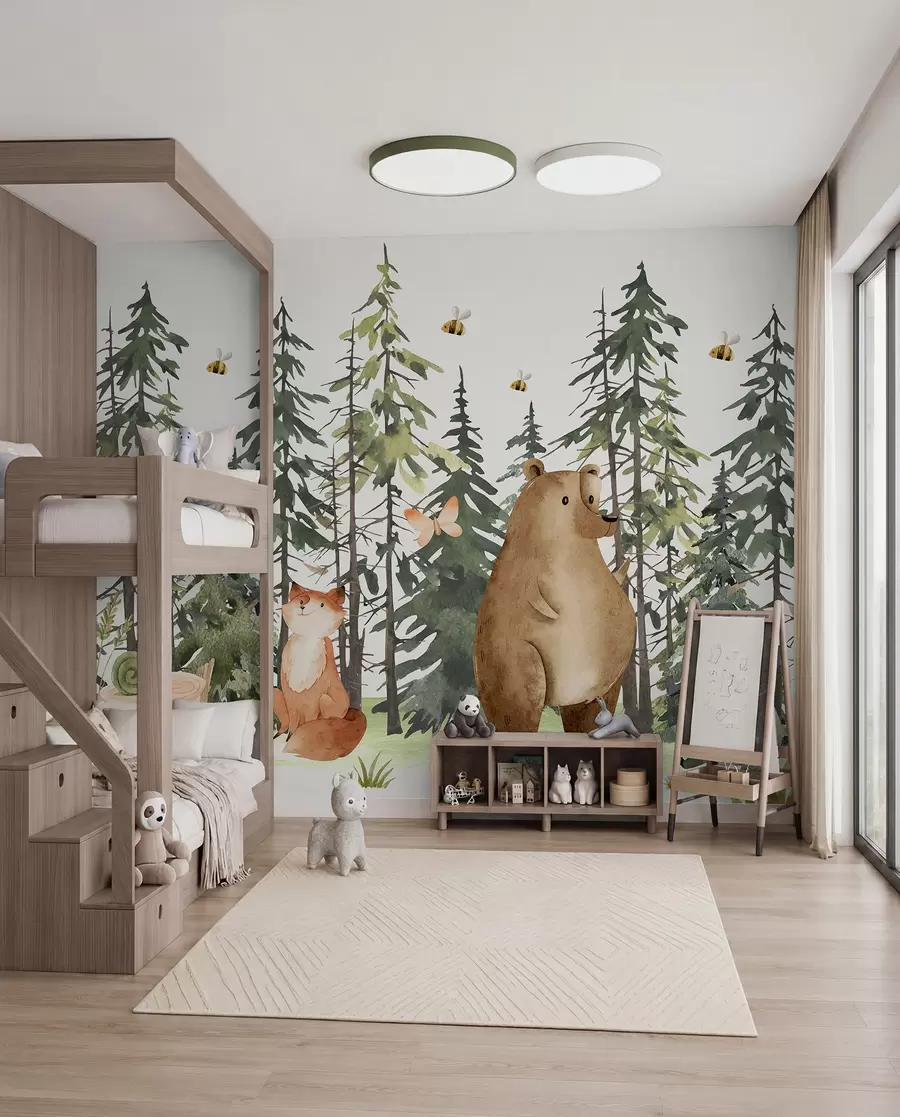wall murals A forest scene with animals and various pine trees in the background w00905