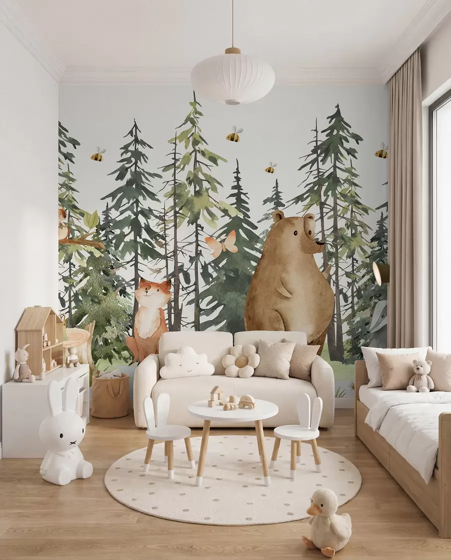 wall murals A forest scene with animals and various pine trees in the background w00905