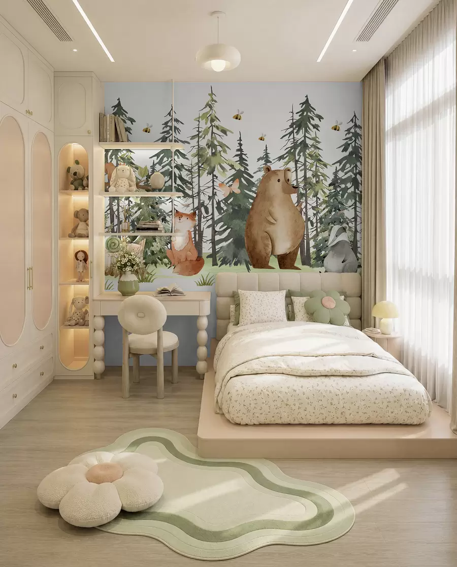 wall murals A forest scene with animals and various pine trees in the background w00905