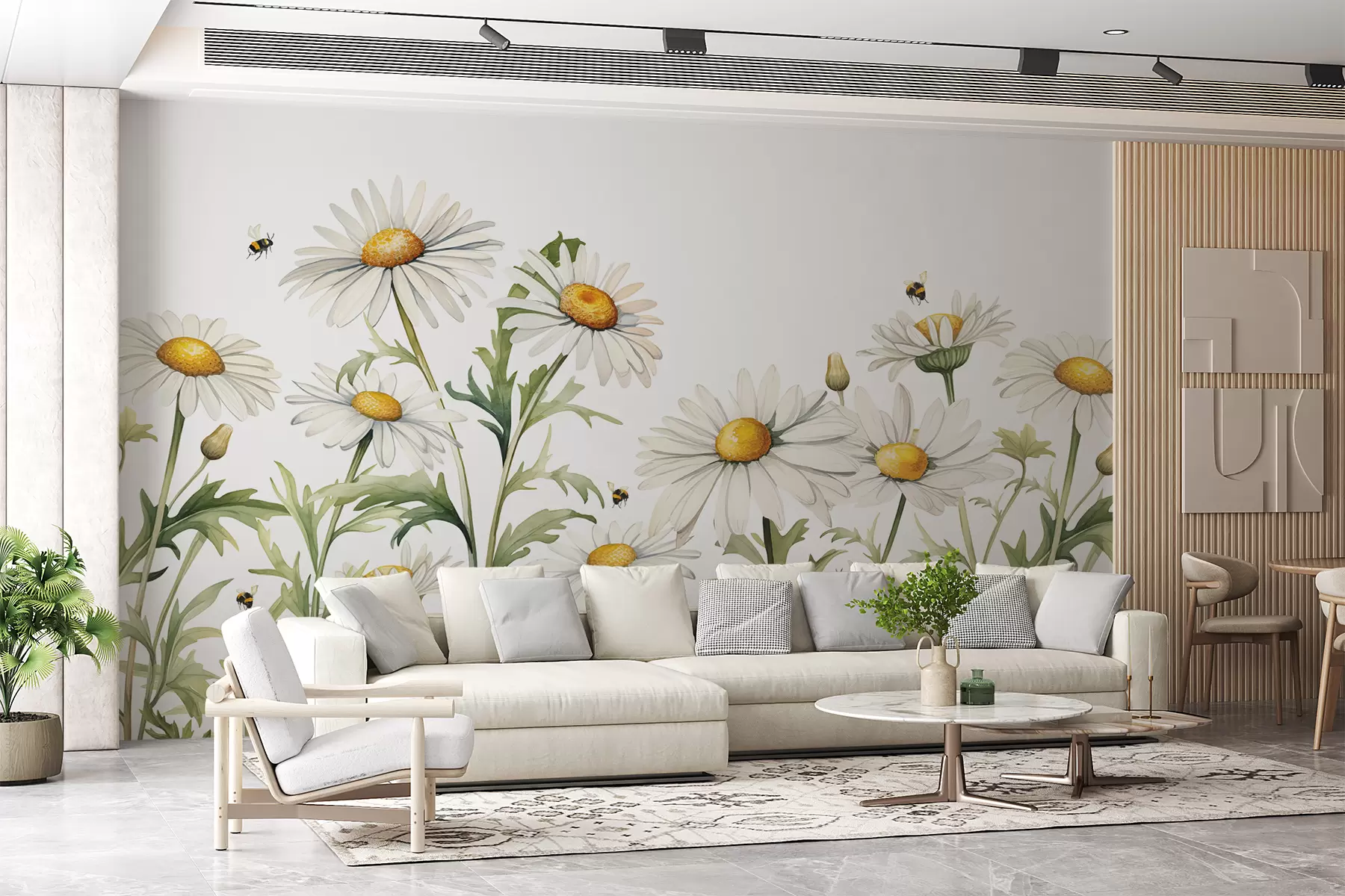 wall murals White daisies blooming, bees flying watercolor plant illustration, green, white, yellow color w01176