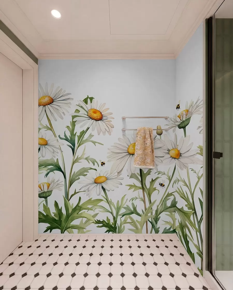 wall murals White daisies blooming, bees flying watercolor plant illustration, green, white, yellow color w01176