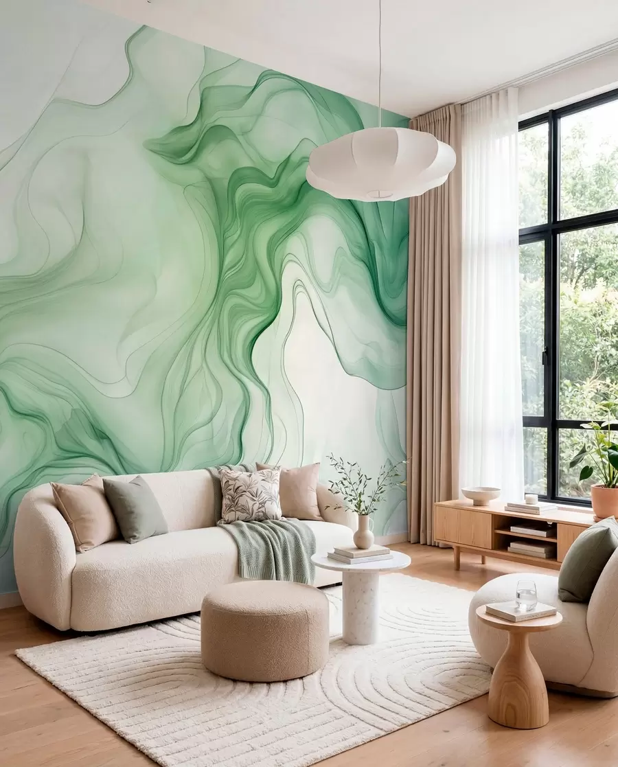 wall murals Green abstract waves on a light background w01185