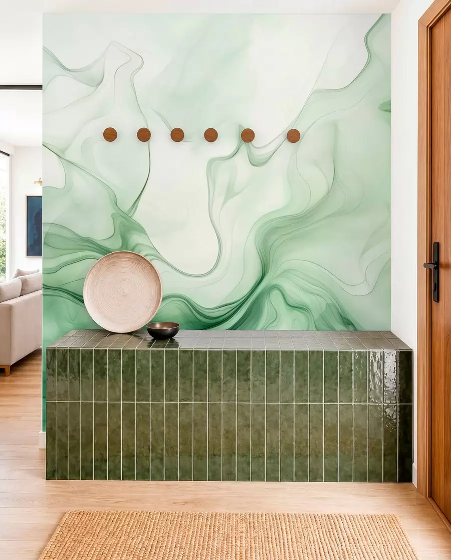 wall murals Green abstract waves on a light background w01185
