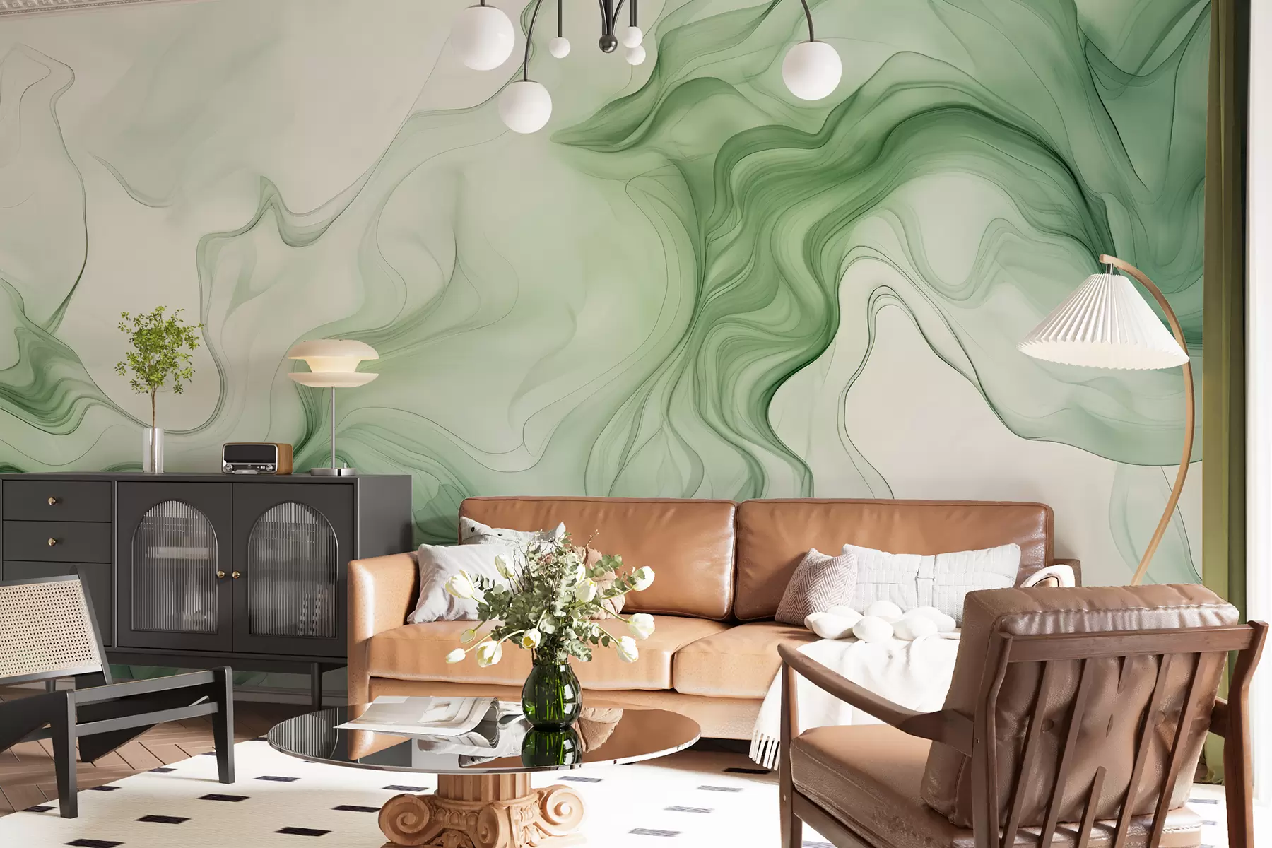 wall murals Panoramic green abstract waves on a light background w01185d1