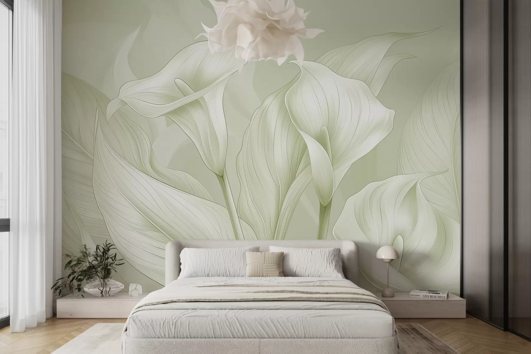 wall murals delicate flowers in green color w01195v3