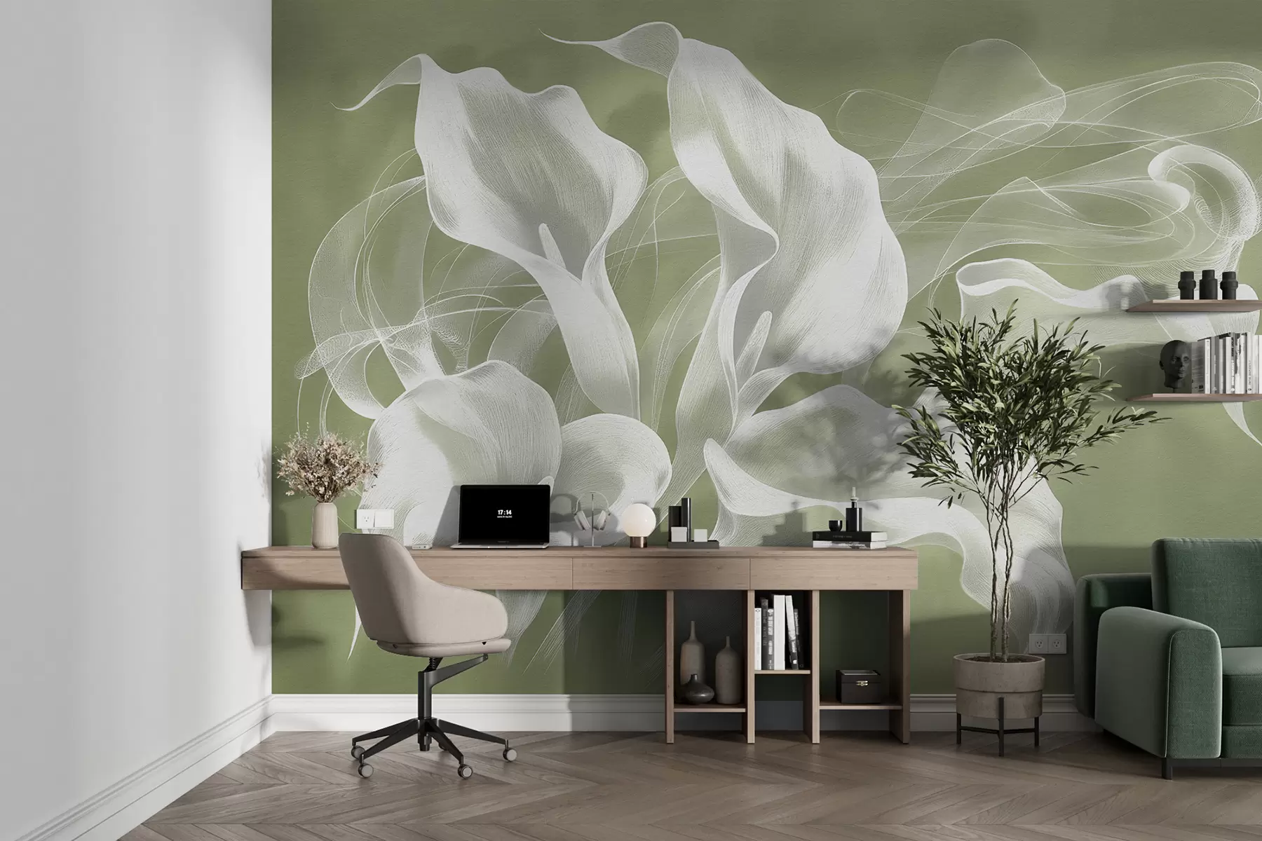 wall murals abstract flowers with a veil on a green background w01196v3