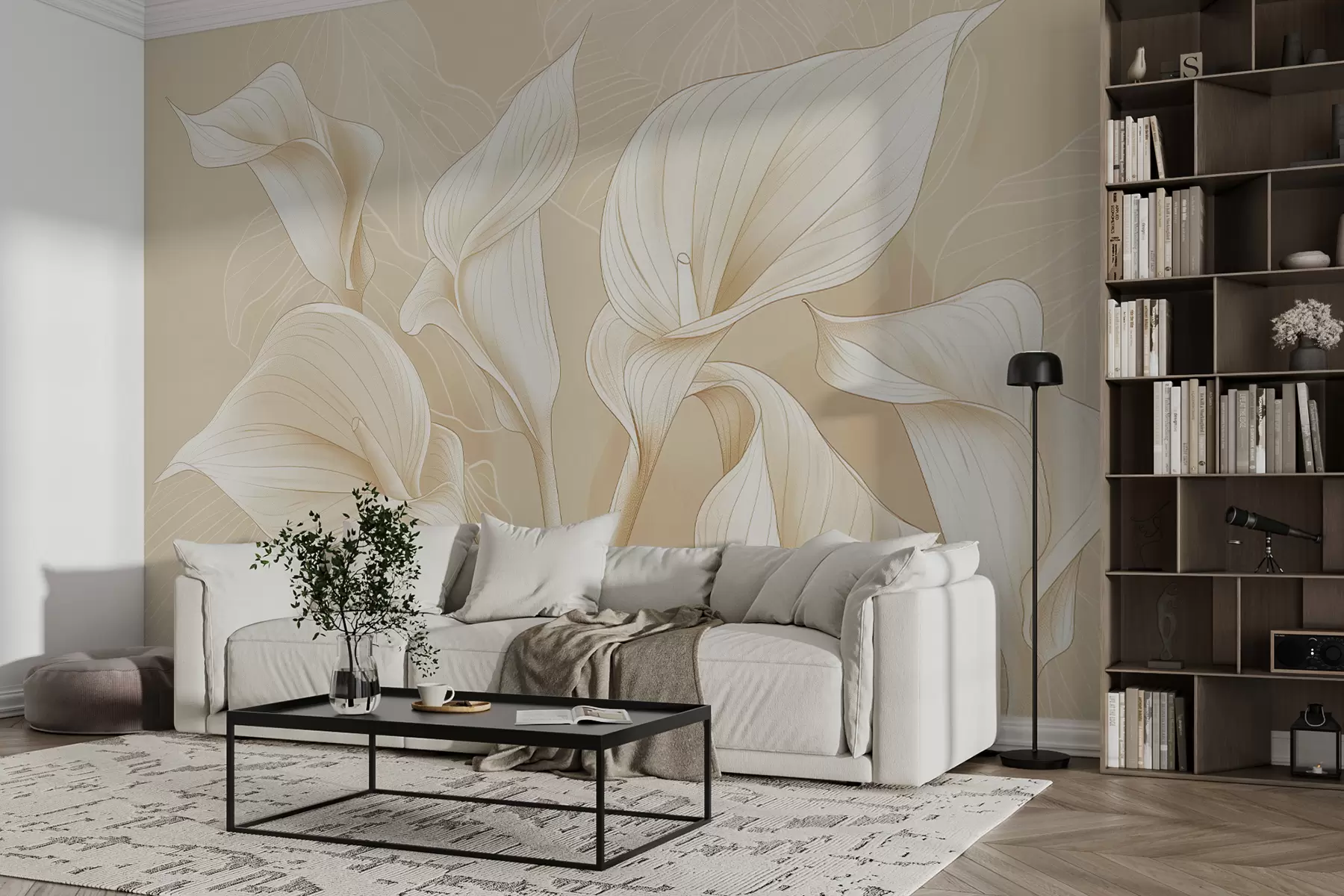wall murals drawn calla flowers on a beige background w01197